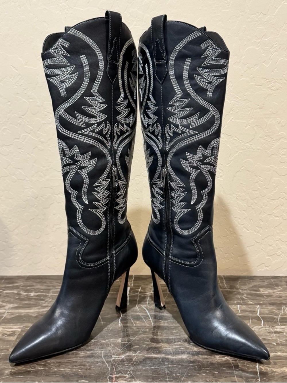 Antonio Melani Embroidered Leather Knee High Heeled Cowboy Boots - Picture 7 of 14